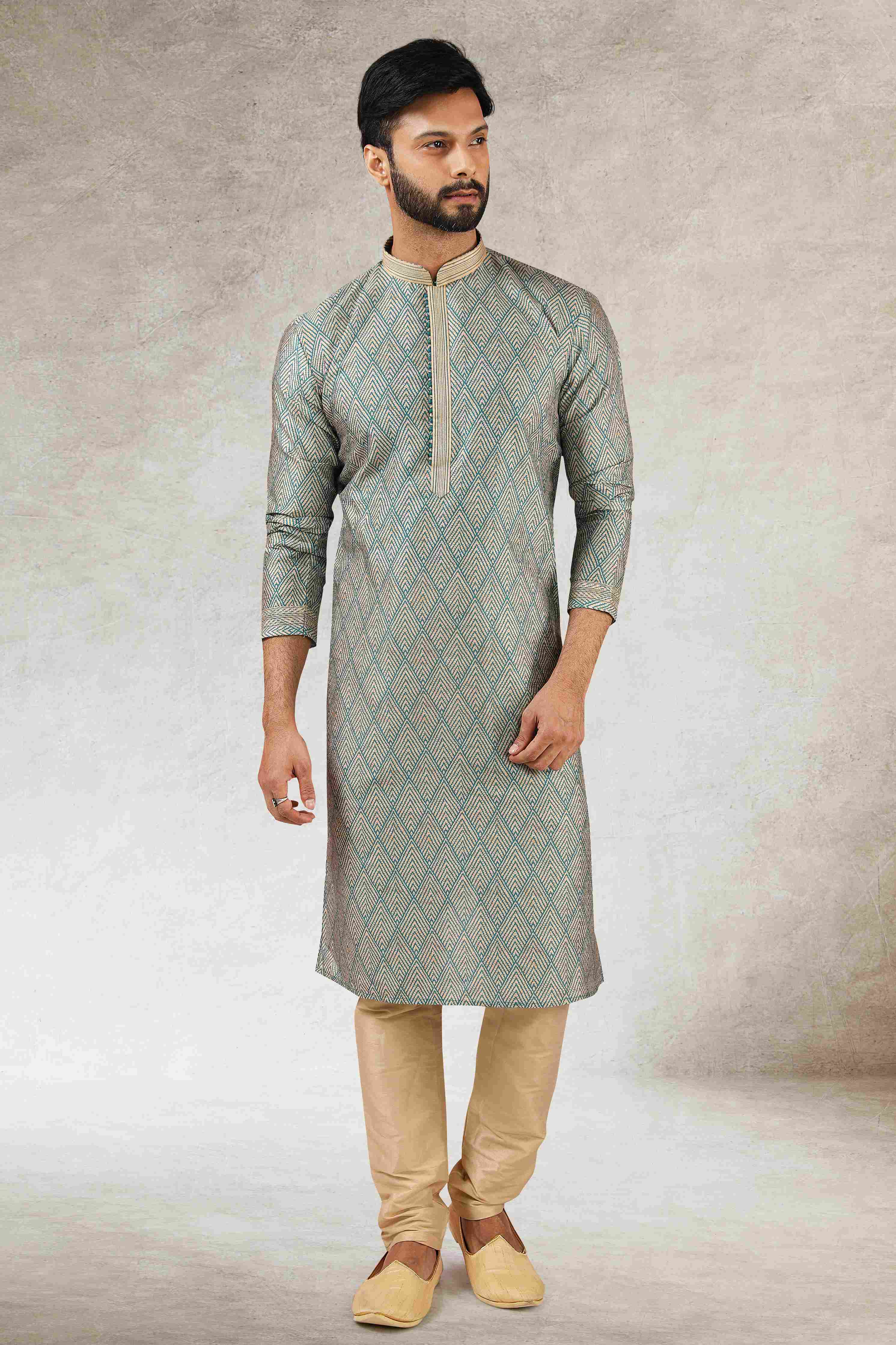 Raivat Ethnic Art Silk Printed Work Kurta Pajama In Green Colour | Grocsy