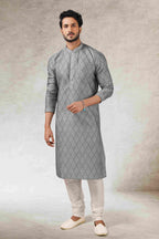 Raivat Ethnic Art Silk Printed Work Kurta Pajama In Grey Black Colour | Grocsy