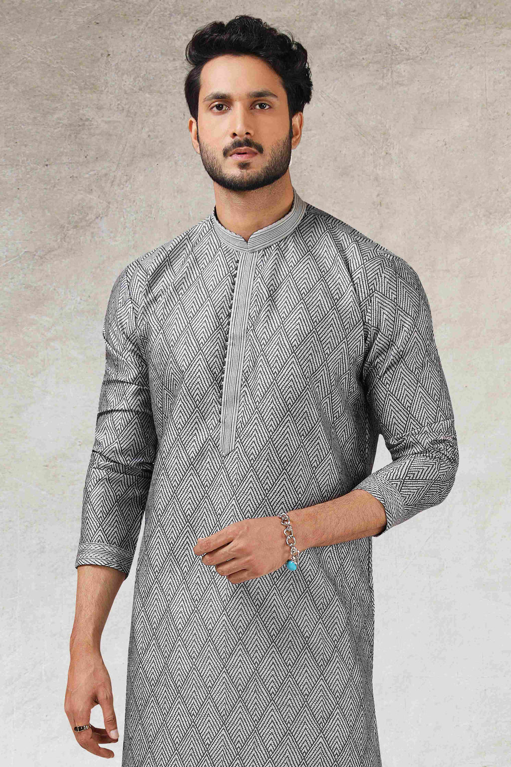 Raivat Ethnic Art Silk Printed Work Kurta Pajama In Grey Black Colour | Grocsy