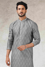 Raivat Ethnic Art Silk Printed Work Kurta Pajama In Grey Black Colour | Grocsy