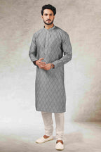 Raivat Ethnic Art Silk Printed Work Kurta Pajama In Grey Black Colour | Grocsy