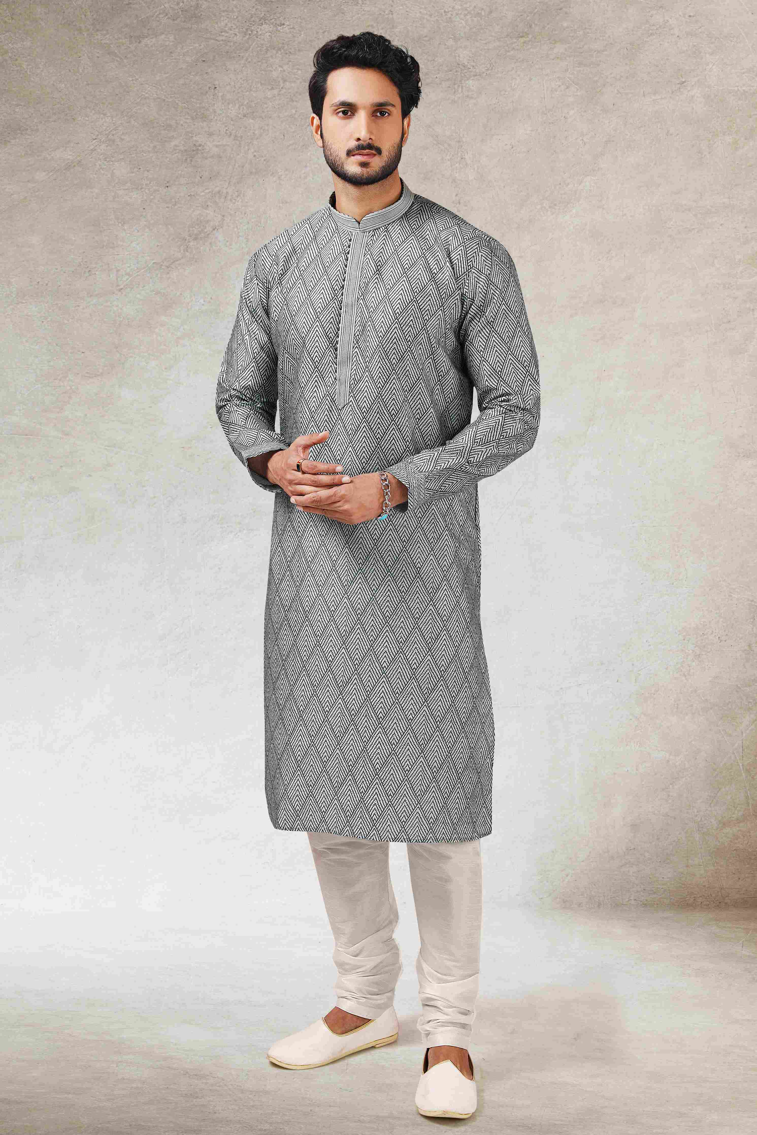 Raivat Ethnic Art Silk Printed Work Kurta Pajama In Grey Black Colour | Grocsy