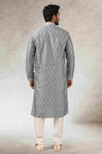 Raivat Ethnic Art Silk Printed Work Kurta Pajama In Grey Black Colour | Grocsy