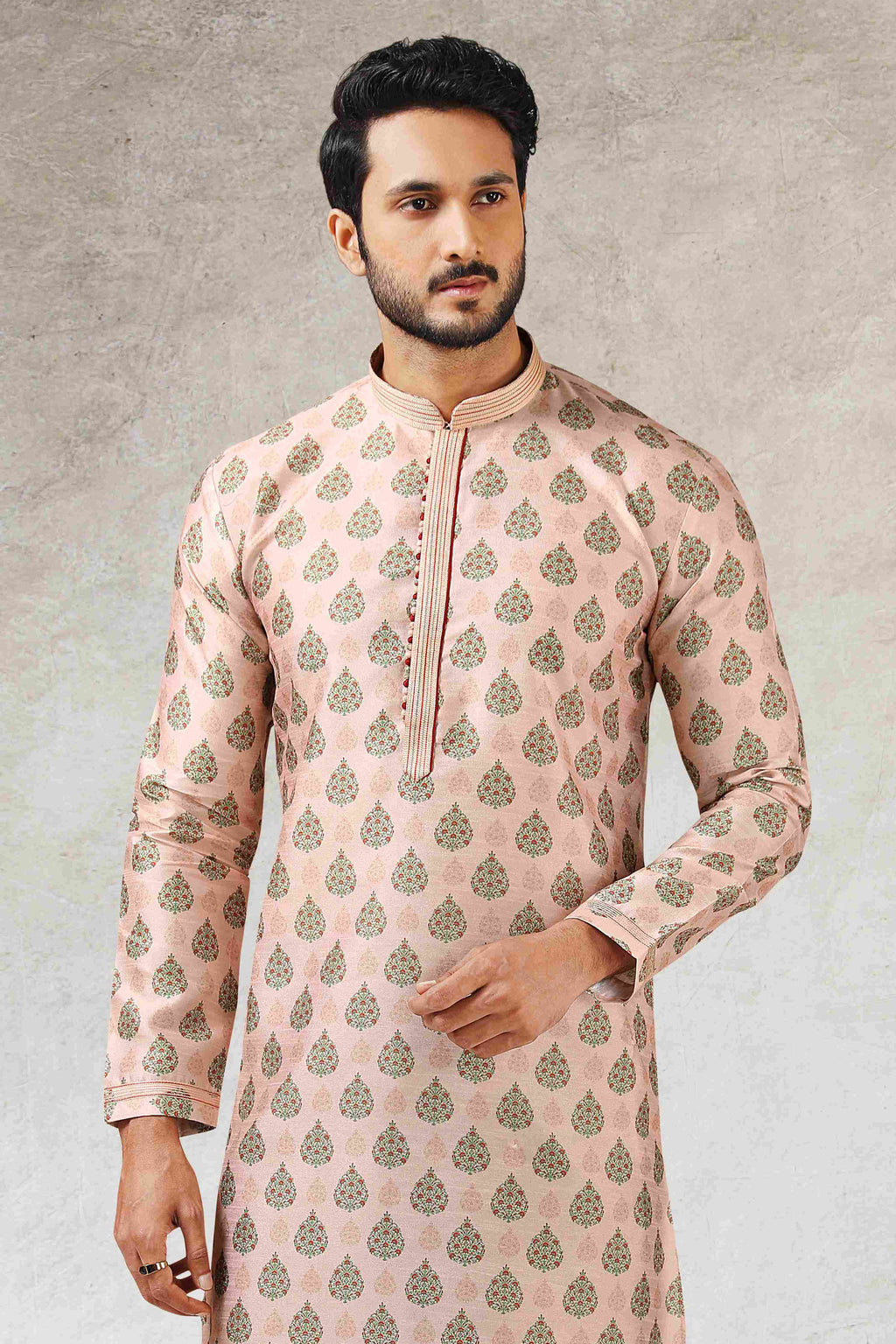 Raivat Ethnic Art Silk Printed Work Kurta Pajama In Peach Colour | Grocsy