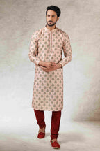 Raivat Ethnic Art Silk Printed Work Kurta Pajama In Peach Colour | Grocsy