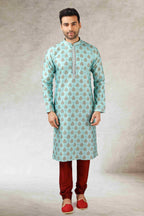 Raivat Ethnic Art Silk Printed Work Kurta Pajama In Pista Green Colour | Grocsy
