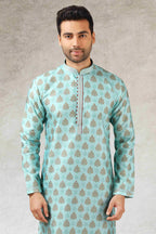 Raivat Ethnic Art Silk Printed Work Kurta Pajama In Pista Green Colour | Grocsy