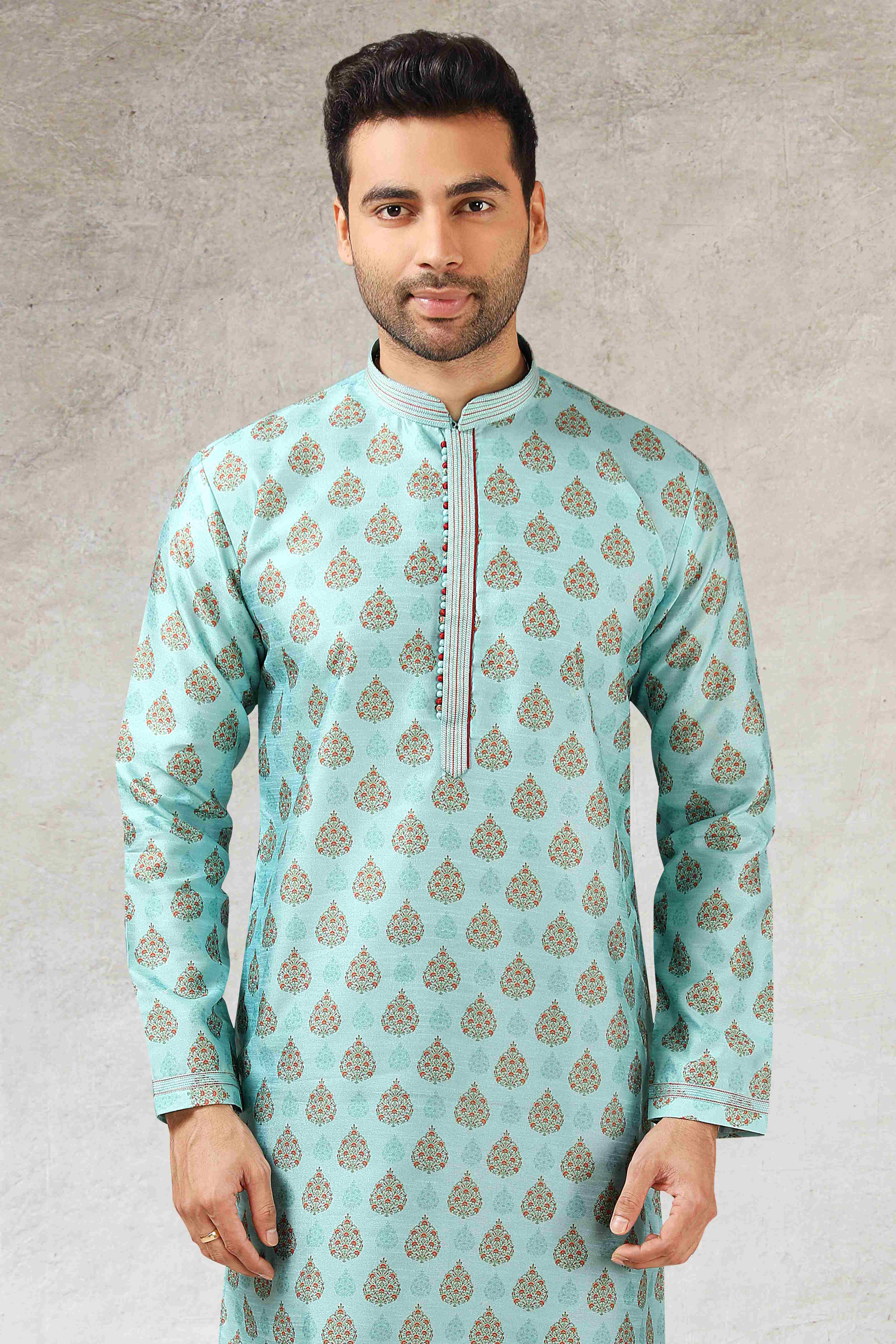 Raivat Ethnic Art Silk Printed Work Kurta Pajama In Pista Green Colour | Grocsy