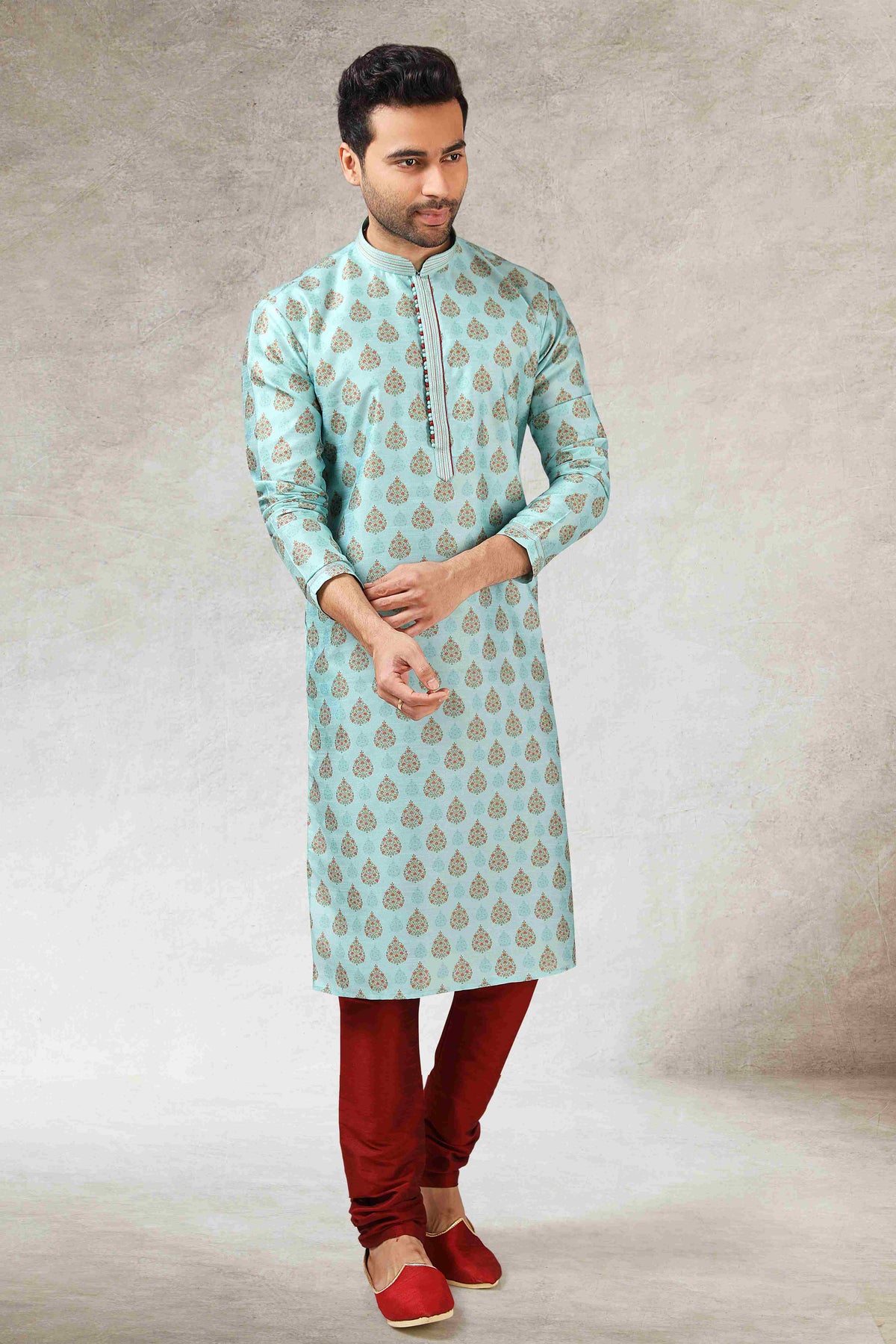 Raivat Ethnic Art Silk Printed Work Kurta Pajama In Pista Green Colour | Grocsy