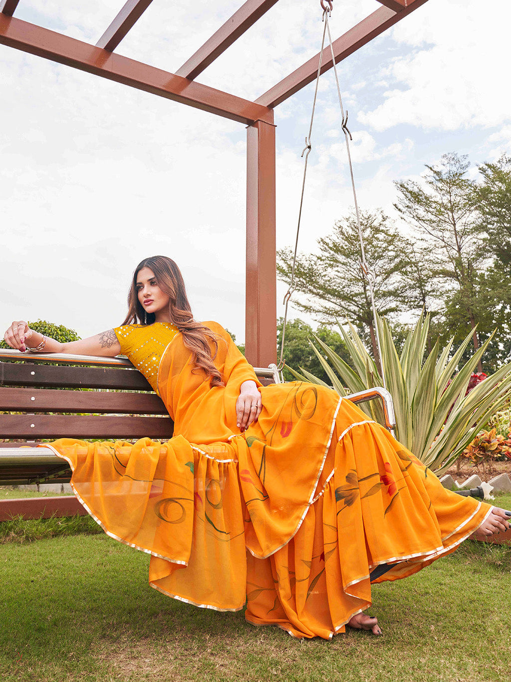 Tikhi Imli Mustard Yellow Gotta Patti Ruffles Saree | Grocsy