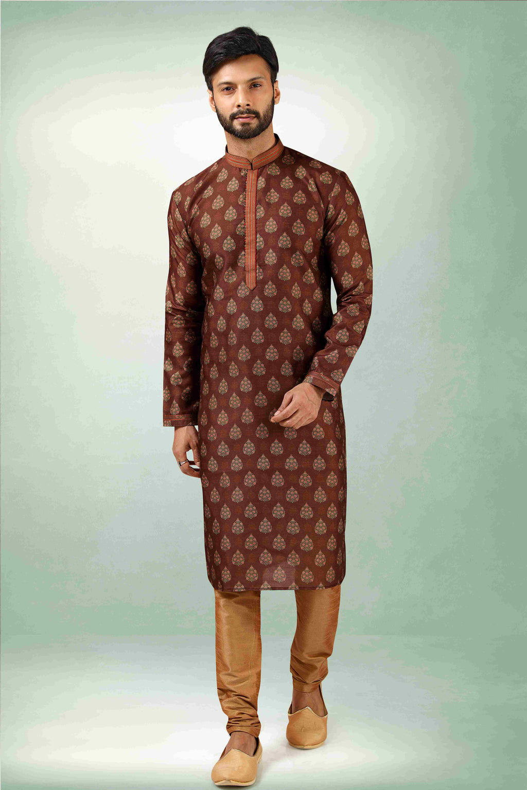 Raivat Ethnic Art Silk Printed Work Kurta Pajama In Brown Colour | Grocsy