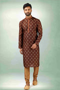 Raivat Ethnic Art Silk Printed Work Kurta Pajama In Brown Colour | Grocsy