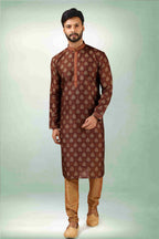 Raivat Ethnic Art Silk Printed Work Kurta Pajama In Brown Colour | Grocsy