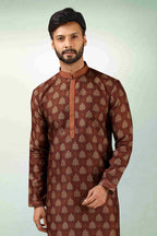 Raivat Ethnic Art Silk Printed Work Kurta Pajama In Brown Colour | Grocsy