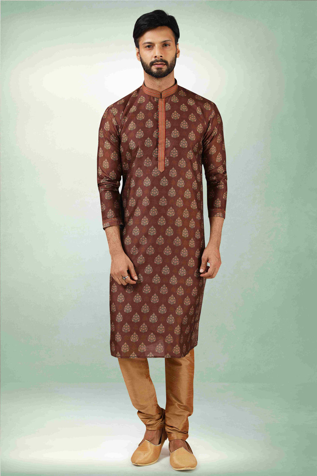Raivat Ethnic Art Silk Printed Work Kurta Pajama In Brown Colour | Grocsy