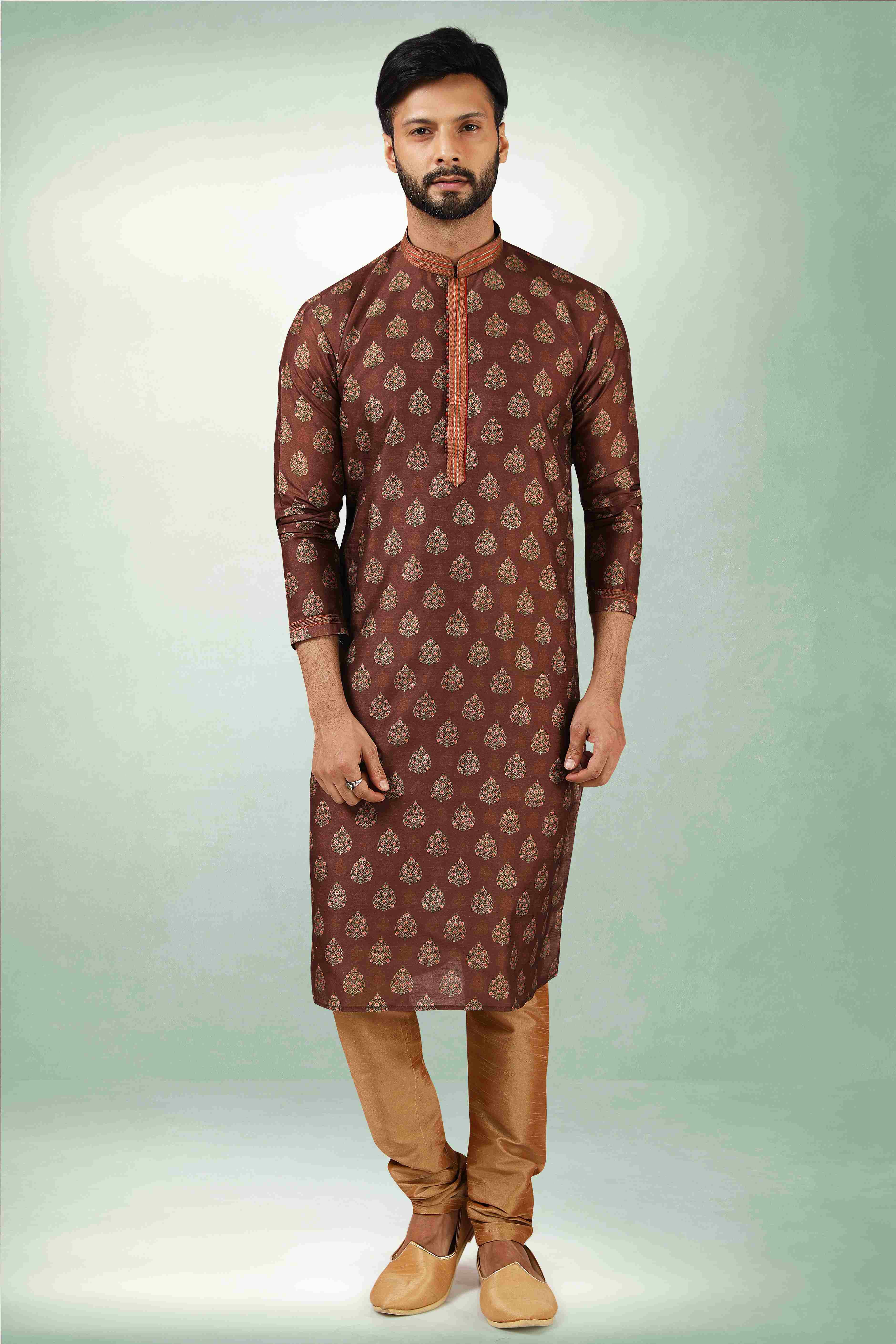 Raivat Ethnic Art Silk Printed Work Kurta Pajama In Brown Colour | Grocsy