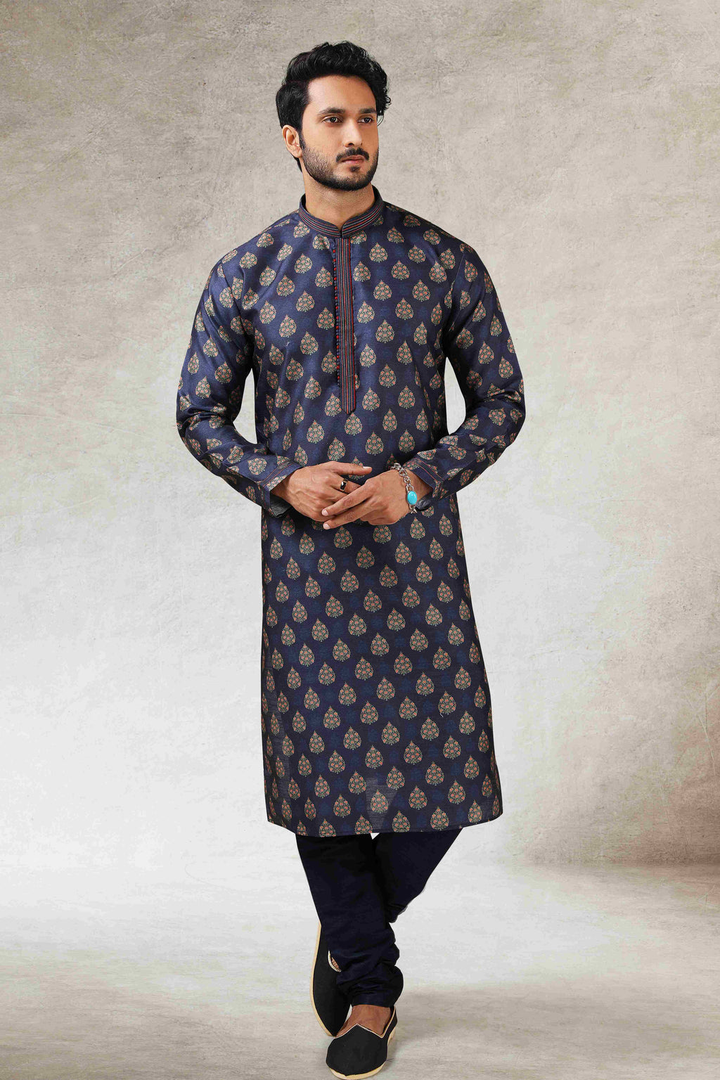 Raivat Ethnic Art Silk Printed Work Kurta Pajama In Blue Colour | Grocsy