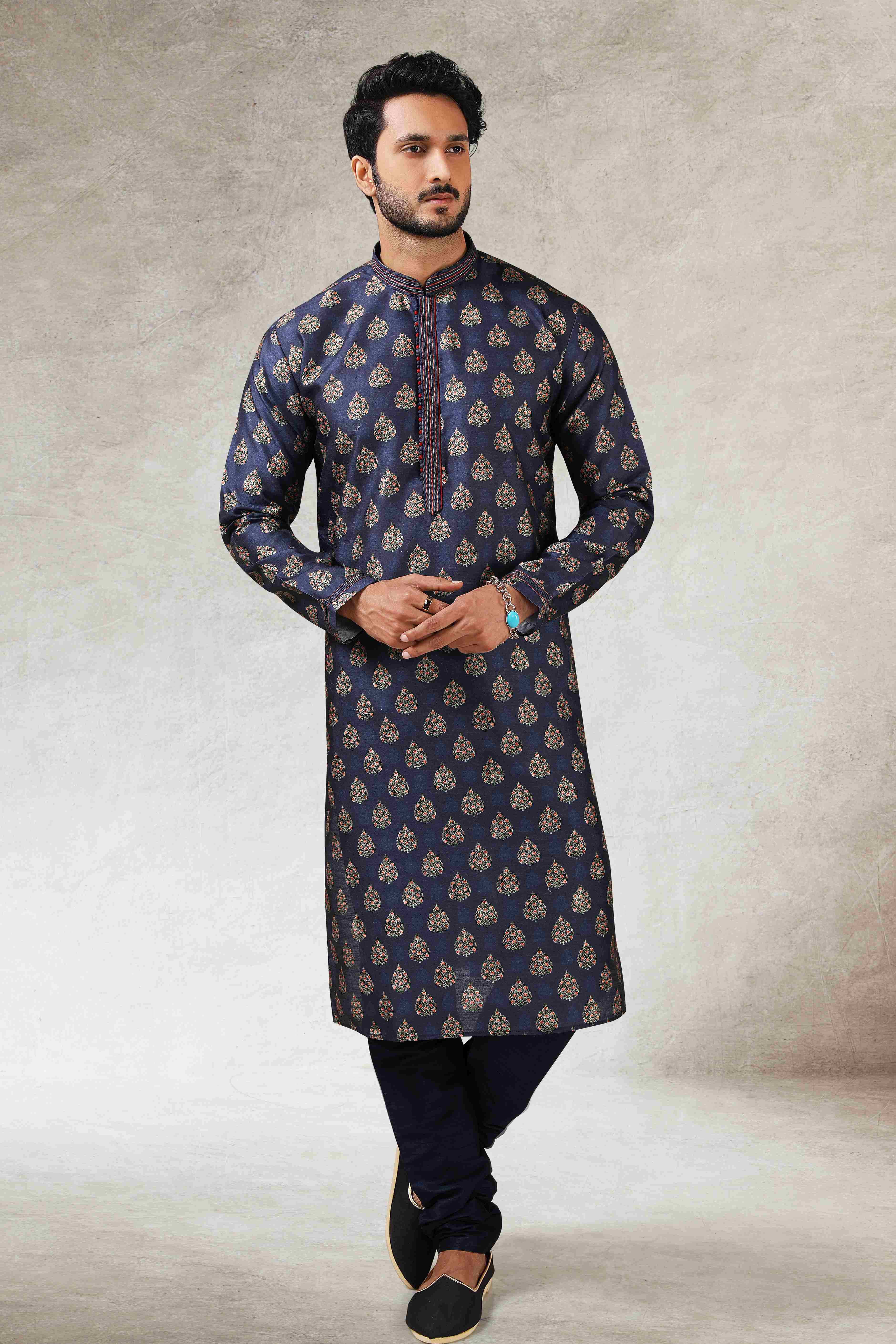 Raivat Ethnic Art Silk Printed Work Kurta Pajama In Blue Colour | Grocsy