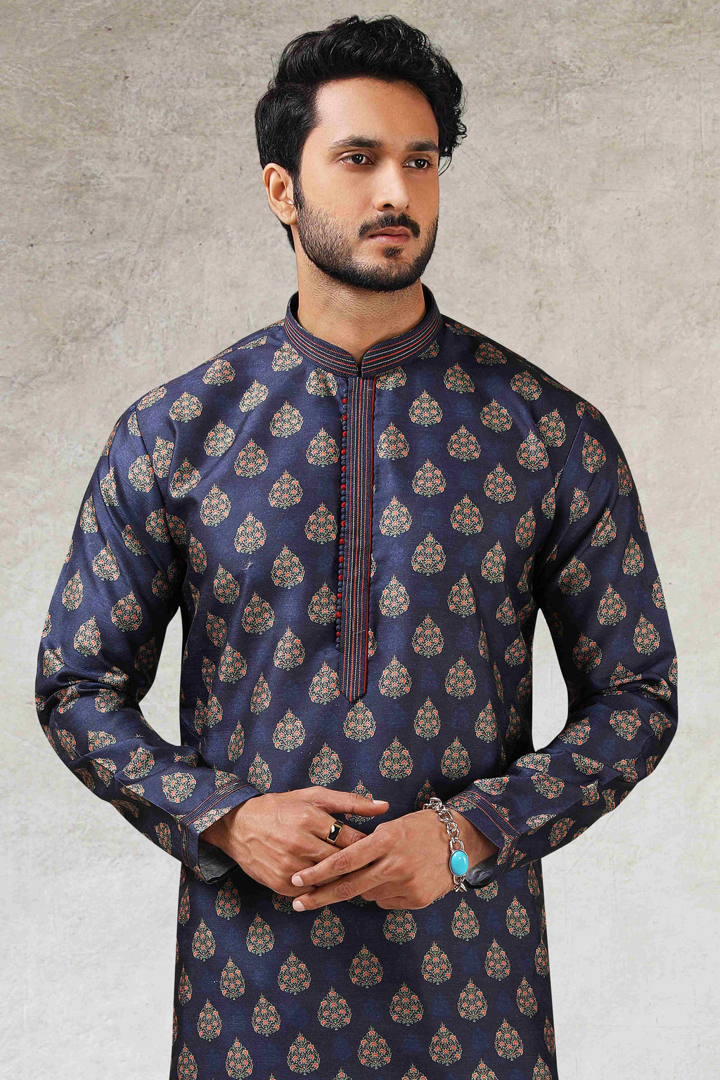 Raivat Ethnic Art Silk Printed Work Kurta Pajama In Blue Colour | Grocsy