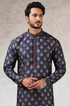 Raivat Ethnic Art Silk Printed Work Kurta Pajama In Blue Colour | Grocsy