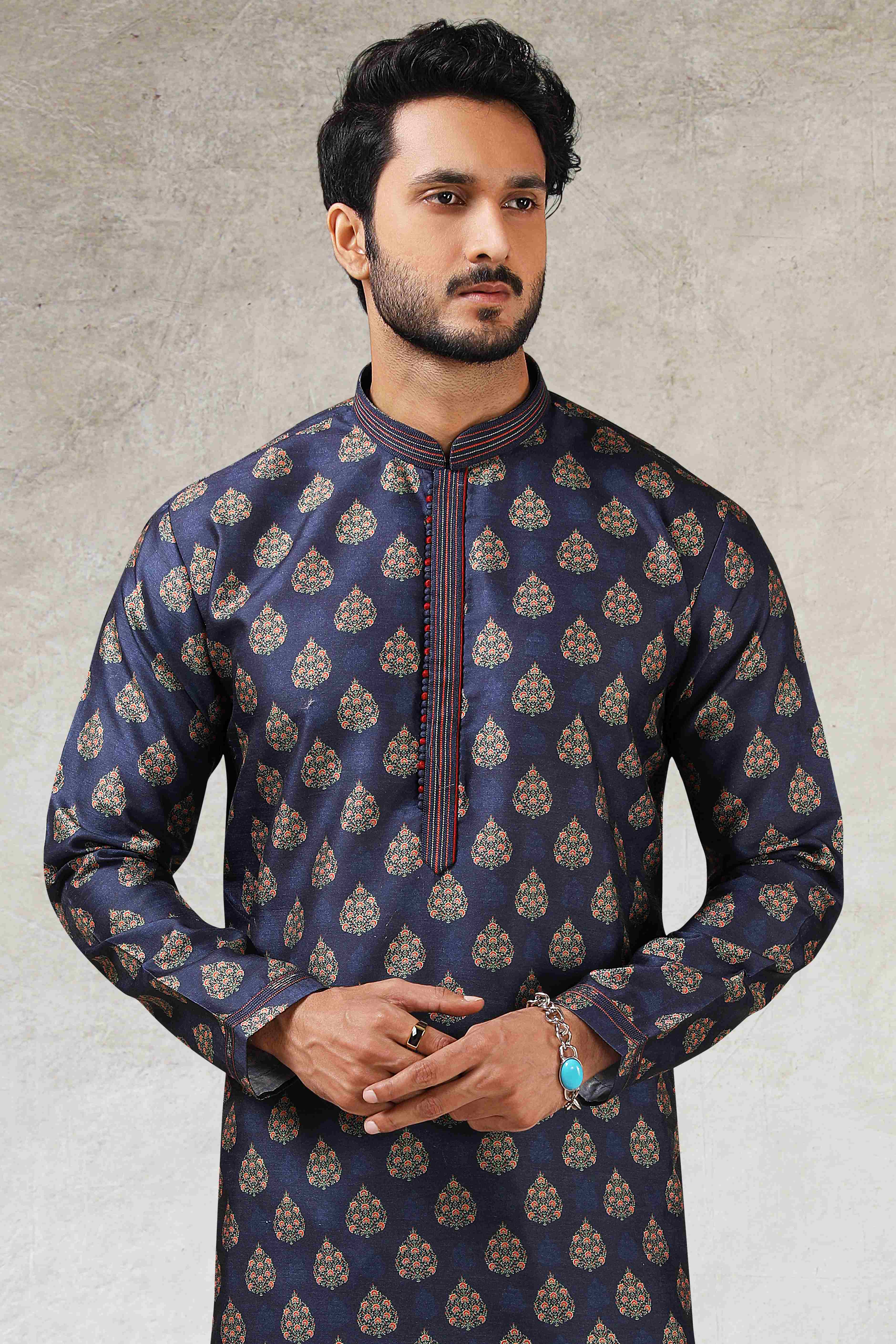 Raivat Ethnic Art Silk Printed Work Kurta Pajama In Blue Colour | Grocsy