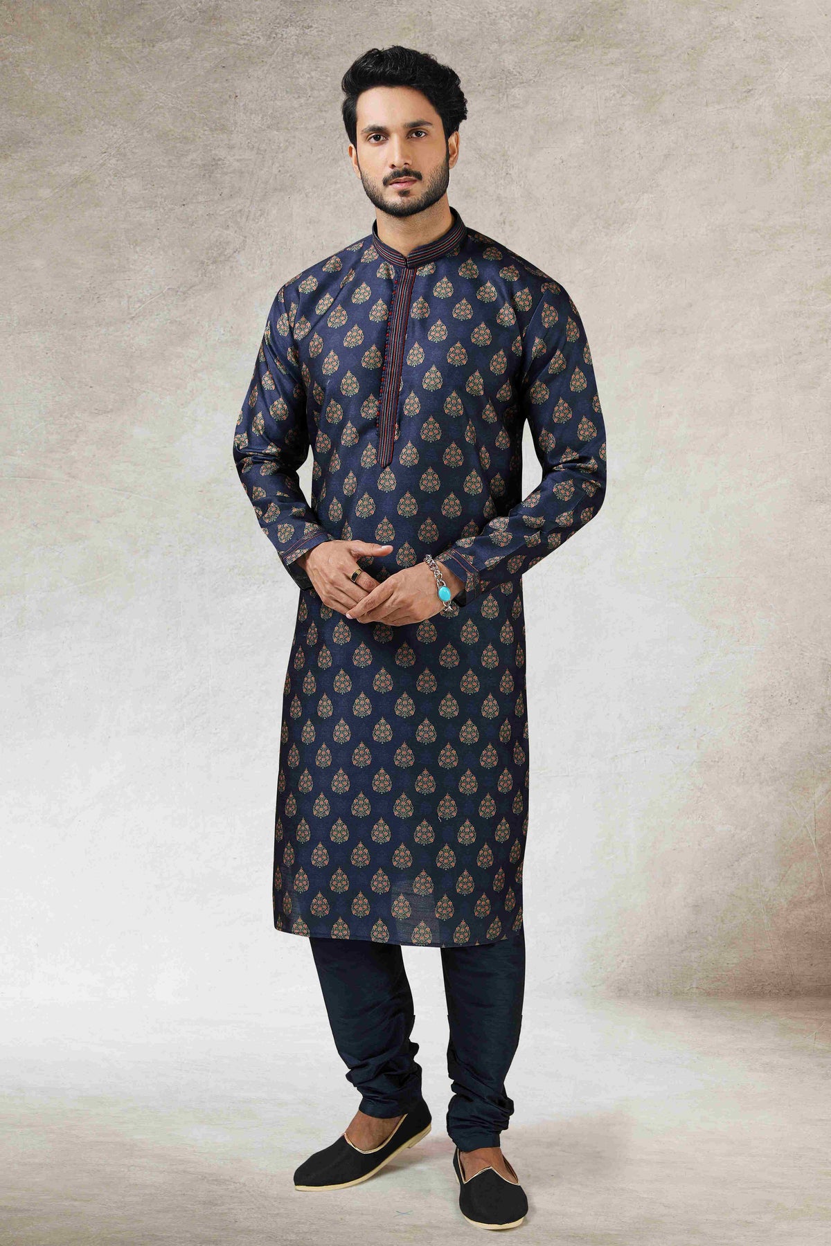 Raivat Ethnic Art Silk Printed Work Kurta Pajama In Blue Colour | Grocsy