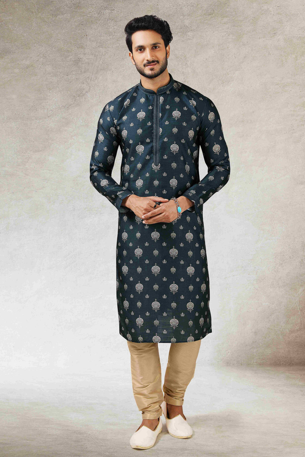 Raivat Ethnic Art Silk Printed Work Kurta Pajama In Teal Green Colour | Grocsy