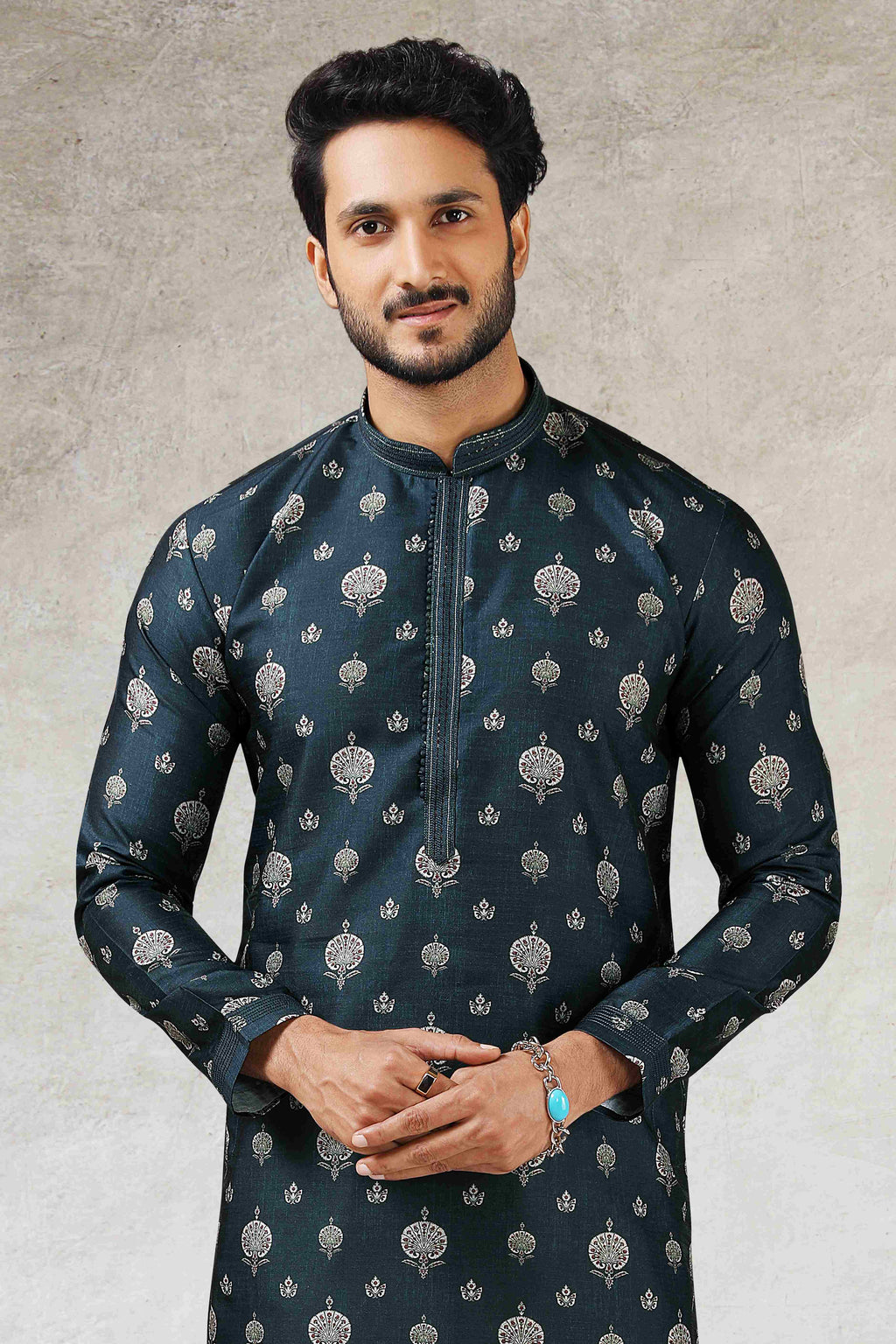 Raivat Ethnic Art Silk Printed Work Kurta Pajama In Teal Green Colour | Grocsy