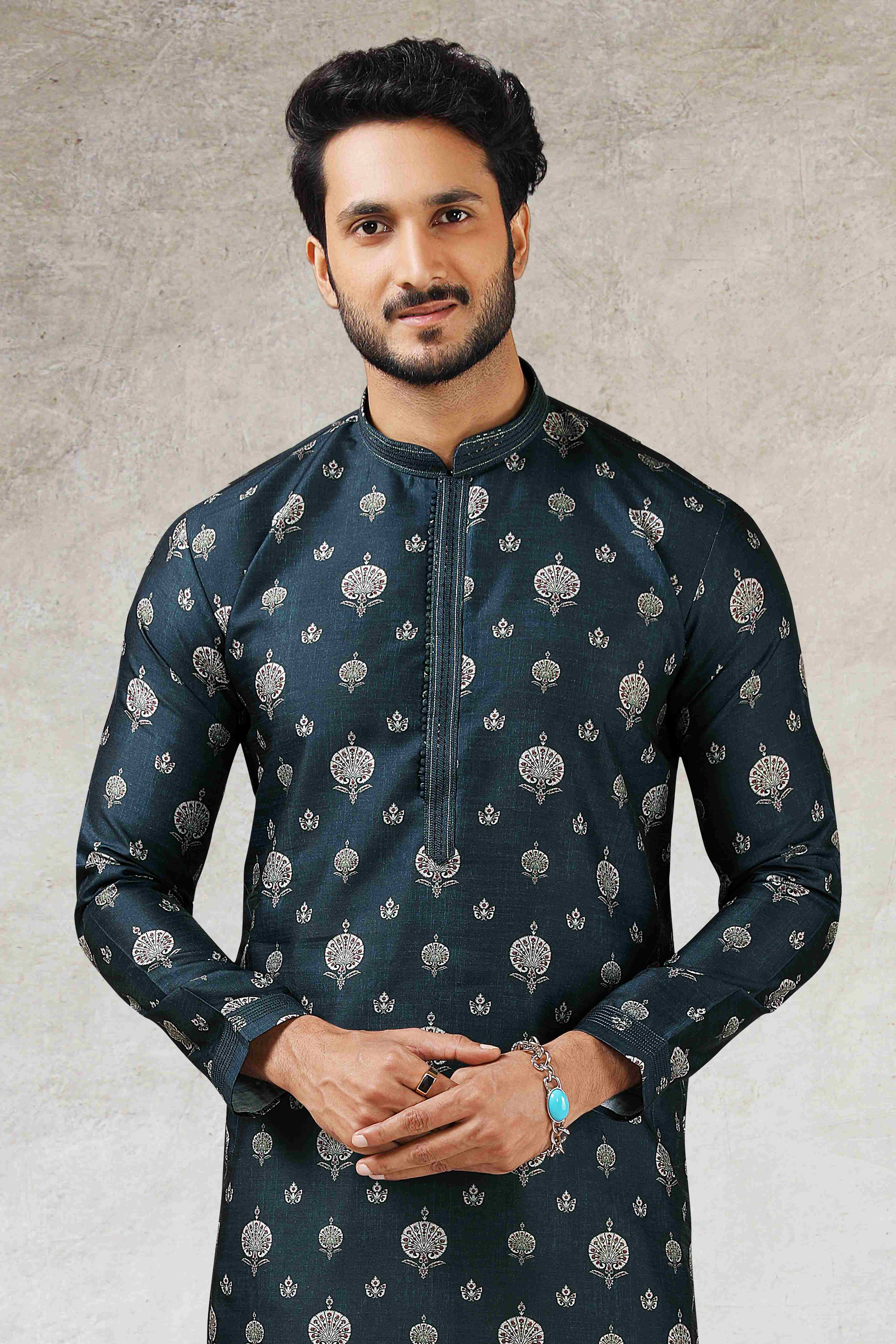 Raivat Ethnic Art Silk Printed Work Kurta Pajama In Teal Green Colour | Grocsy