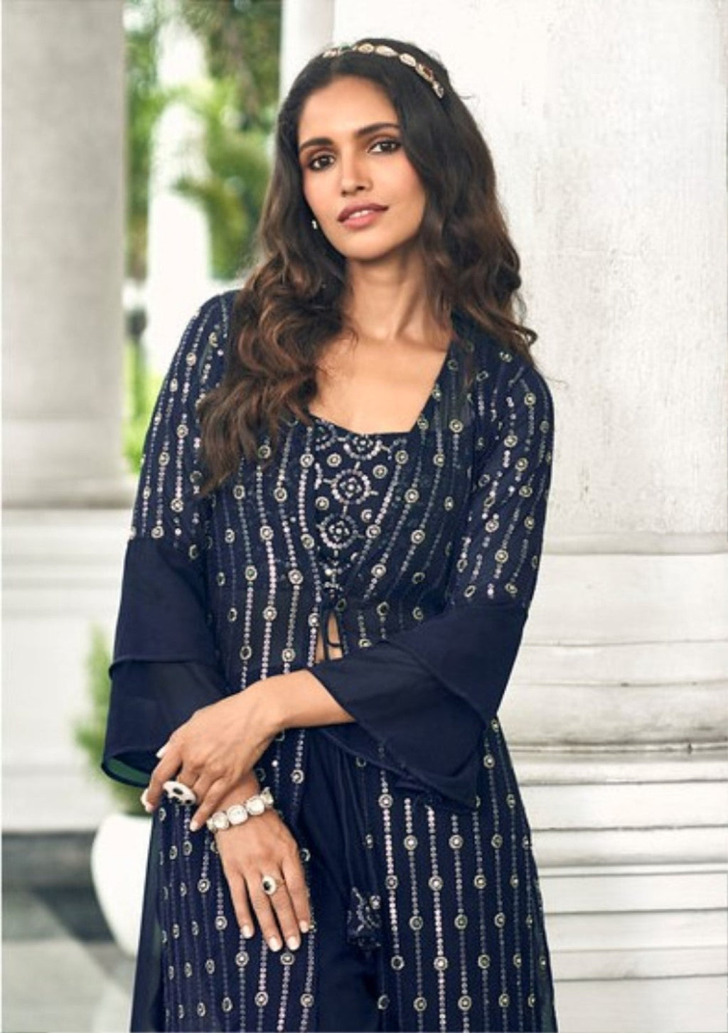 Anaita Navy Georgette Stitched Shrug Suit With Sequence Thread Work | Grocsy