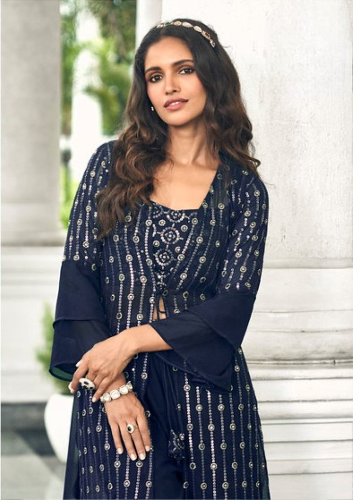 Anaita Navy Georgette Stitched Shrug Suit With Sequence Thread Work | Grocsy