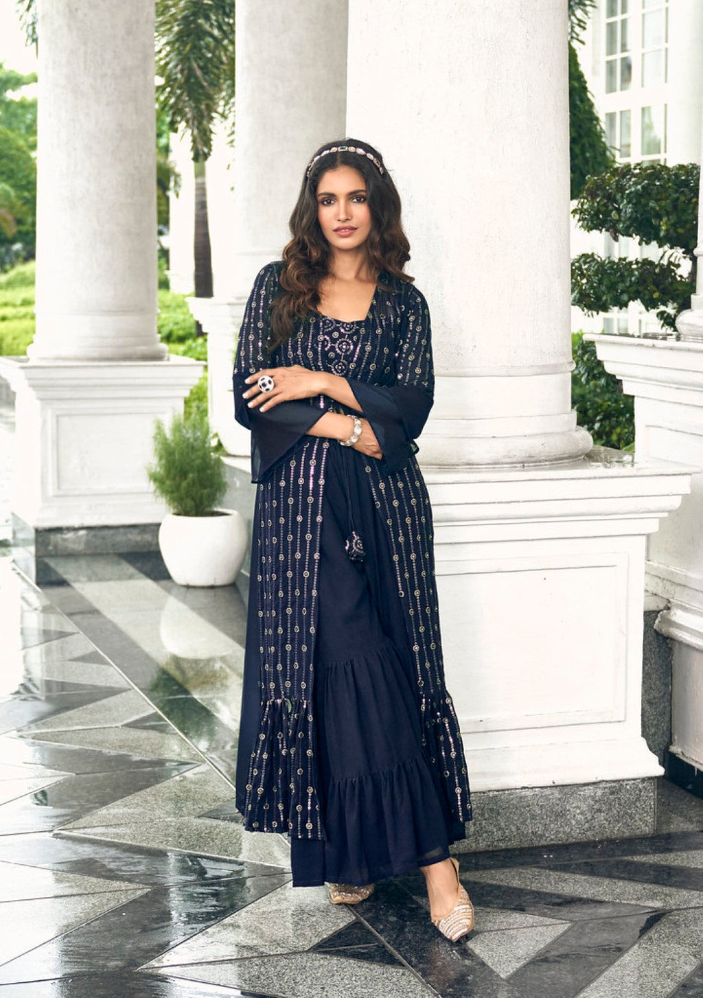 Anaita Navy Georgette Stitched Shrug Suit With Sequence Thread Work | Grocsy