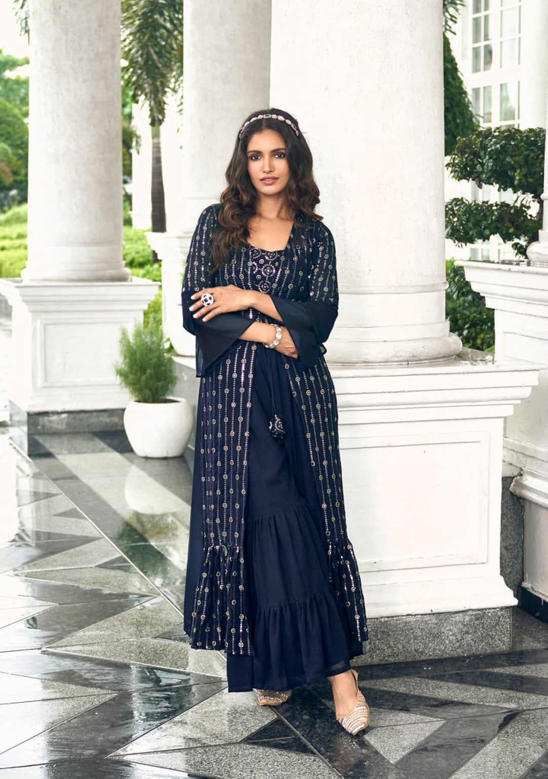 Anaita Navy Georgette Stitched Shrug Suit With Sequence Thread Work | Grocsy