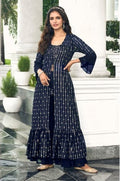 Anaita Navy Georgette Stitched Shrug Suit With Sequence Thread Work | Grocsy