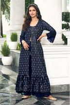 Anaita Navy Georgette Stitched Shrug Suit With Sequence Thread Work | Grocsy