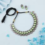 Tehzeeb Creations Silver Plated See Green Colour Stone Jewellery Choker Necklace Set With Matching Pair of Stud Earrings | Grocsy