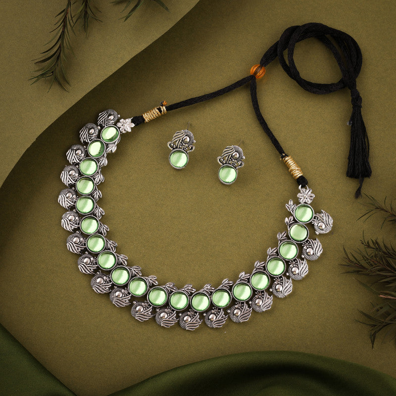 Tehzeeb Creations Silver Plated See Green Colour Stone Jewellery Choker Necklace Set With Matching Pair of Stud Earrings | Grocsy