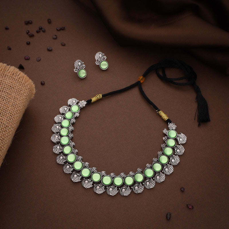 Tehzeeb Creations Silver Plated See Green Colour Stone Jewellery Choker Necklace Set With Matching Pair of Stud Earrings | Grocsy