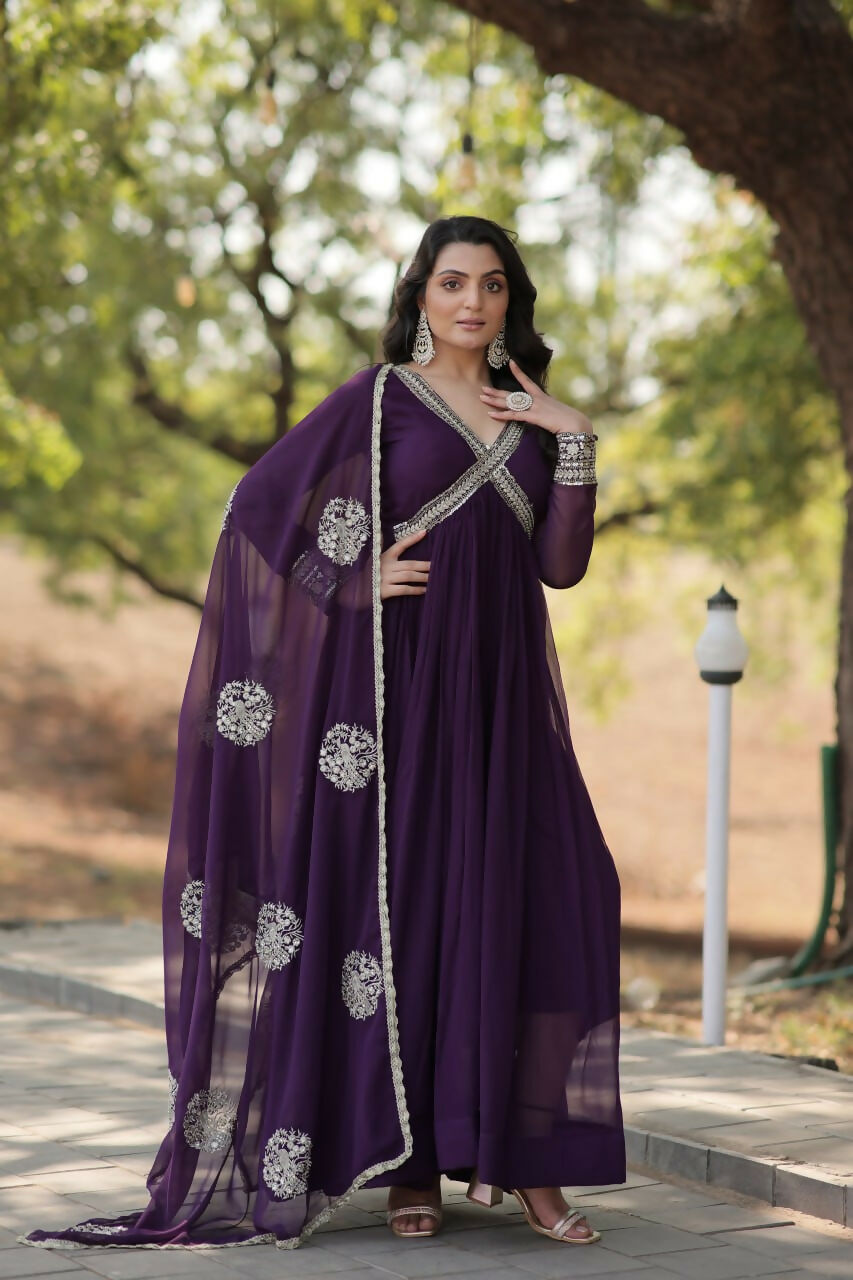 Vastranavya Faux Blooming with Embroidery Zari Sequins-work Gown with Dupatta - Purple | Grocsy
