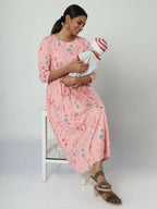 Manet Three Fourth Maternity Dress Floral Print With Concealed Zipper Nursing Access - Peach | Grocsy