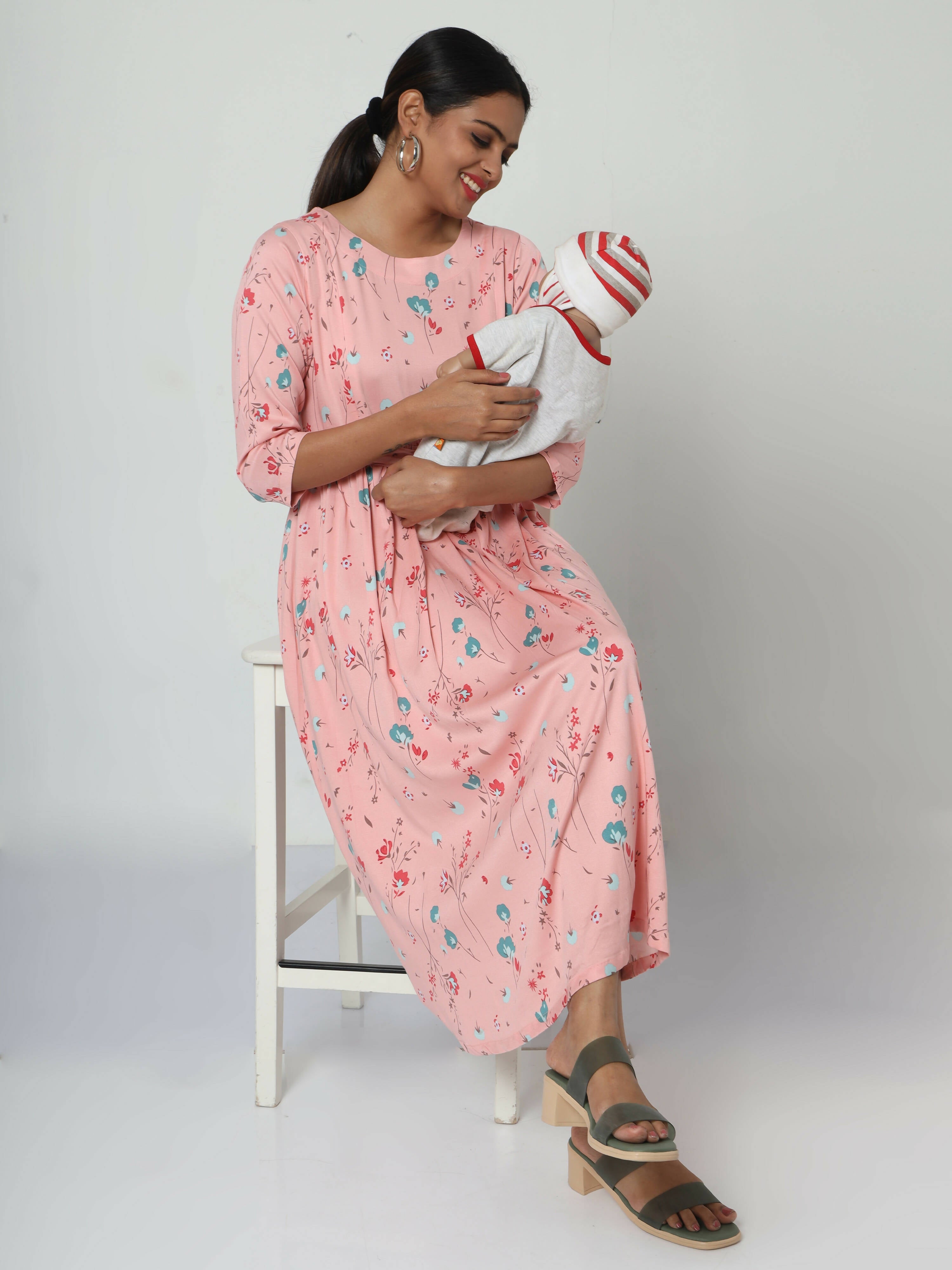 Manet Three Fourth Maternity Dress Floral Print With Concealed Zipper Nursing Access - Peach | Grocsy