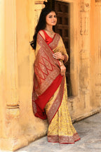 Joban Fashion Yellow Crepe Chiffon Pure Handloom Banarasi Silk Saree | Grocsy
