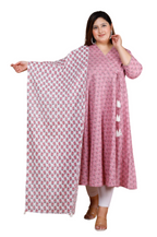 Miravan Women's Plus Size Pink Floral Printed Cotton Anarkali Kurta With Dupatta | Grocsy