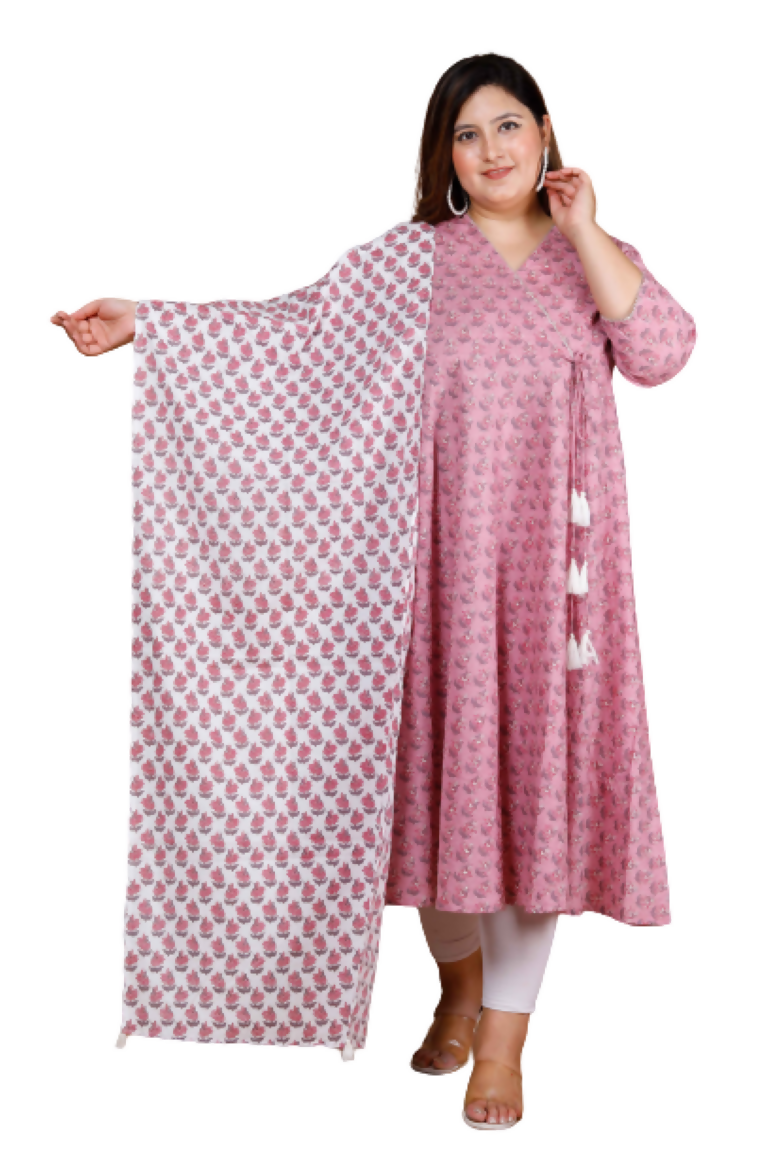 Miravan Women's Plus Size Pink Floral Printed Cotton Anarkali Kurta With Dupatta | Grocsy
