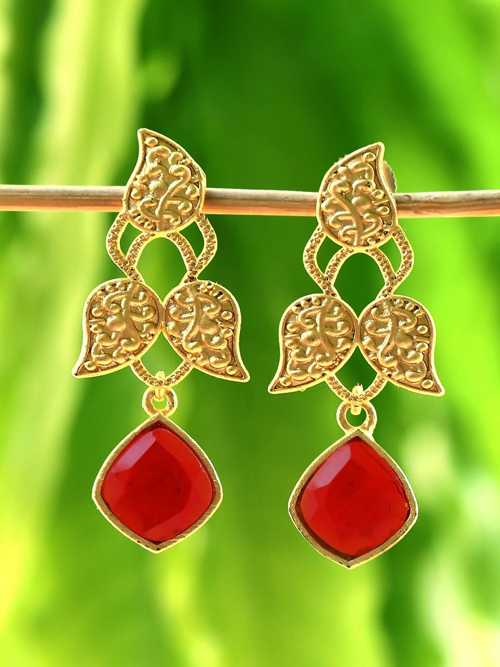Joban Fashion Women Red Stone Matte Gold Earrings | Grocsy