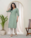 Vaasva Women Aqua Cotton Printed Straight Kurti With Pant | Grocsy