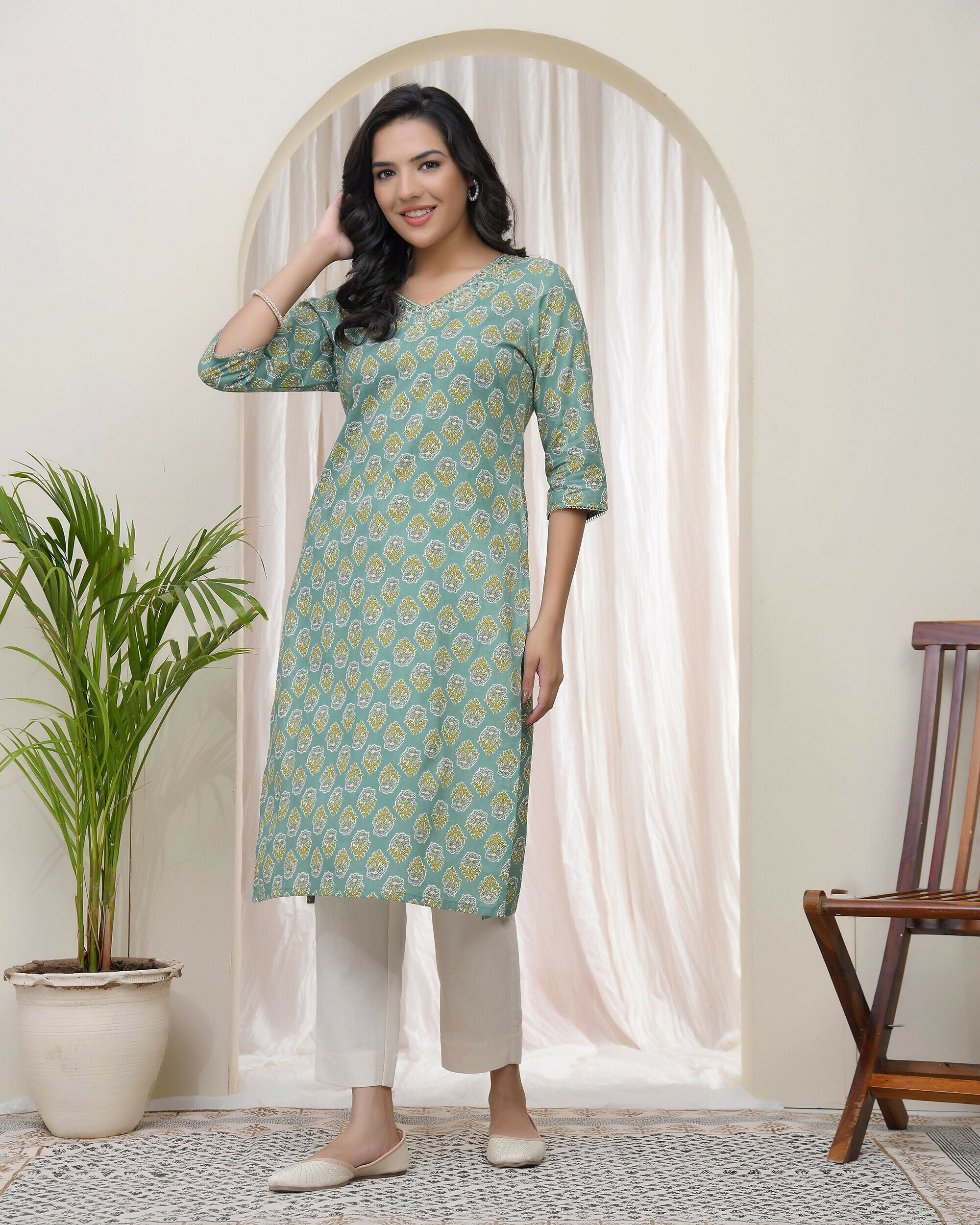 Vaasva Women Aqua Cotton Printed Straight Kurti With Pant | Grocsy
