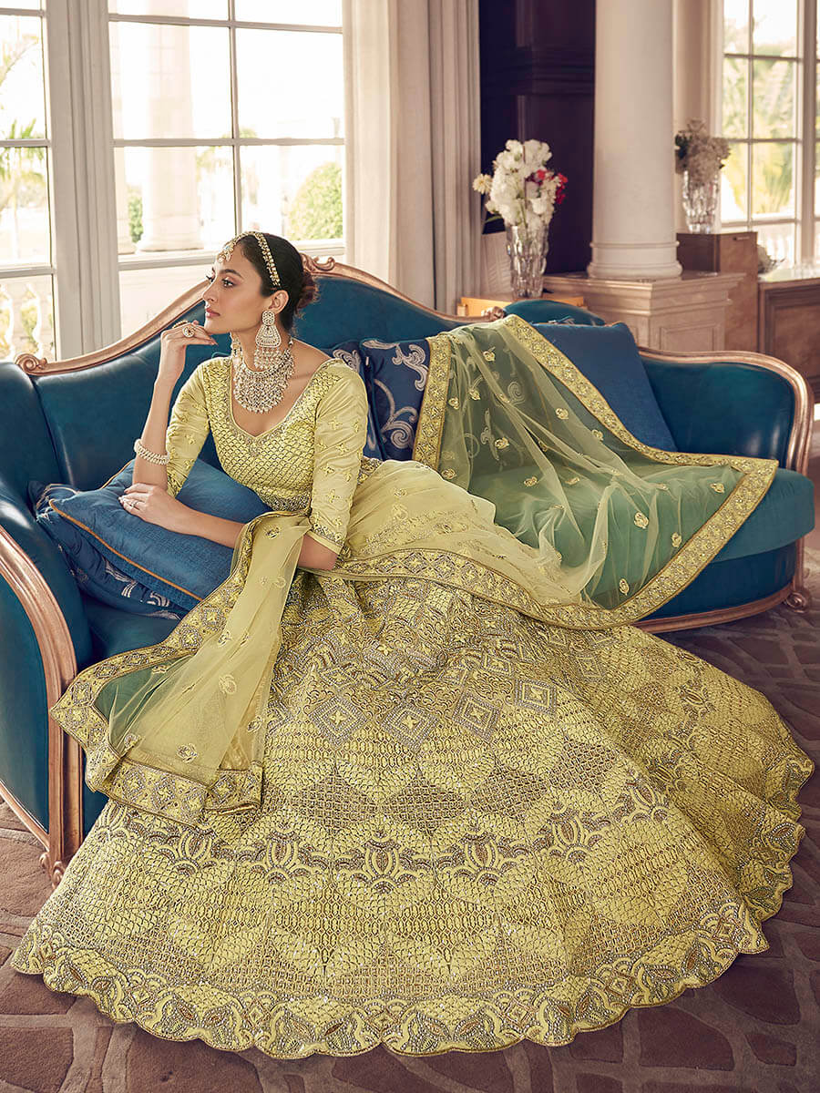 Myra Lime Yellow Crepe Embroidered Lehenga | Grocsy