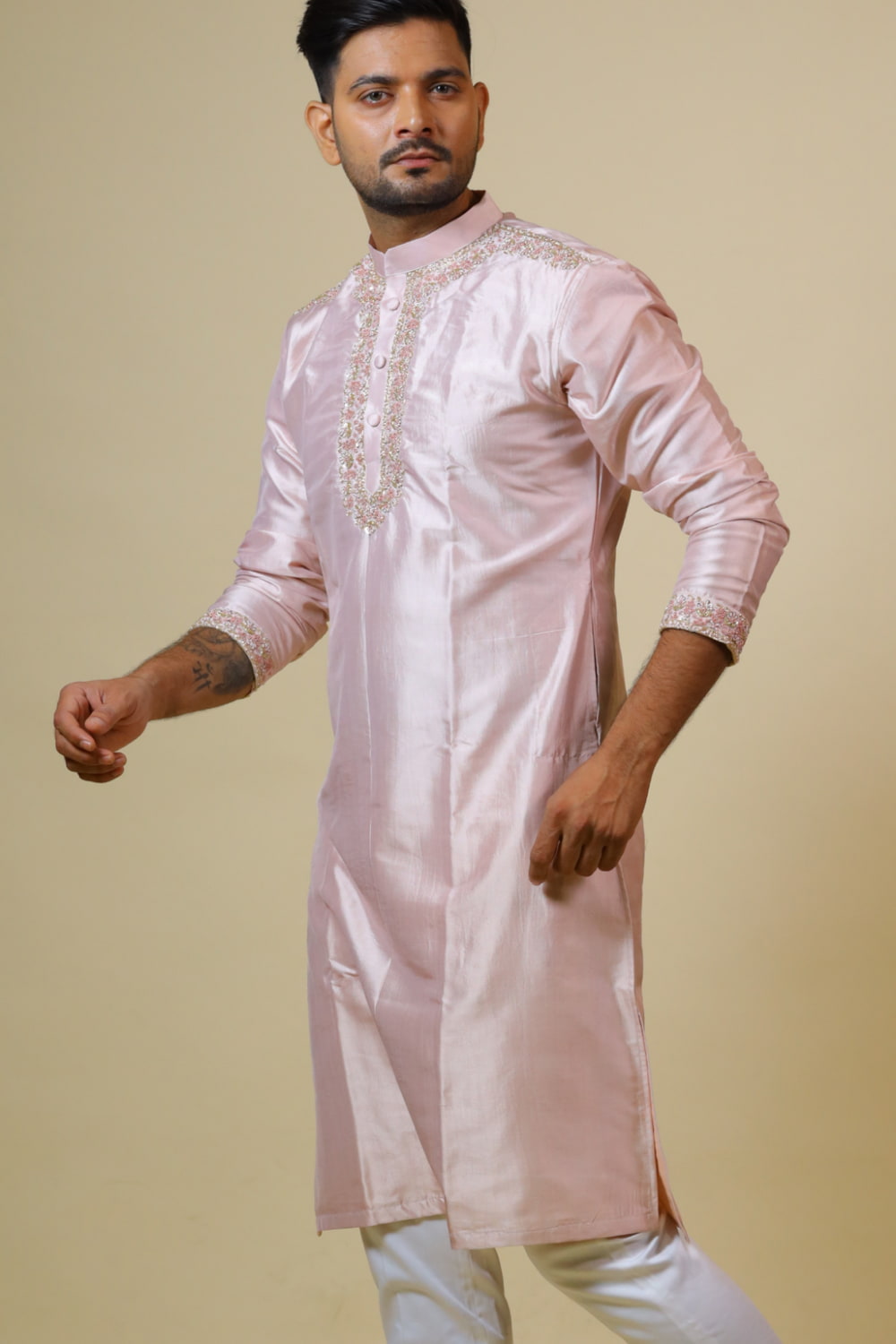 Light Coral Designer Men's Kurta by Hilo Design | Grocsy