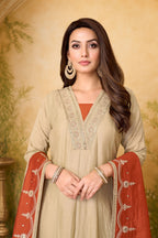 Anaita Cream Rust Anarkali Readymade Suit with Embroidery Work | Grocsy